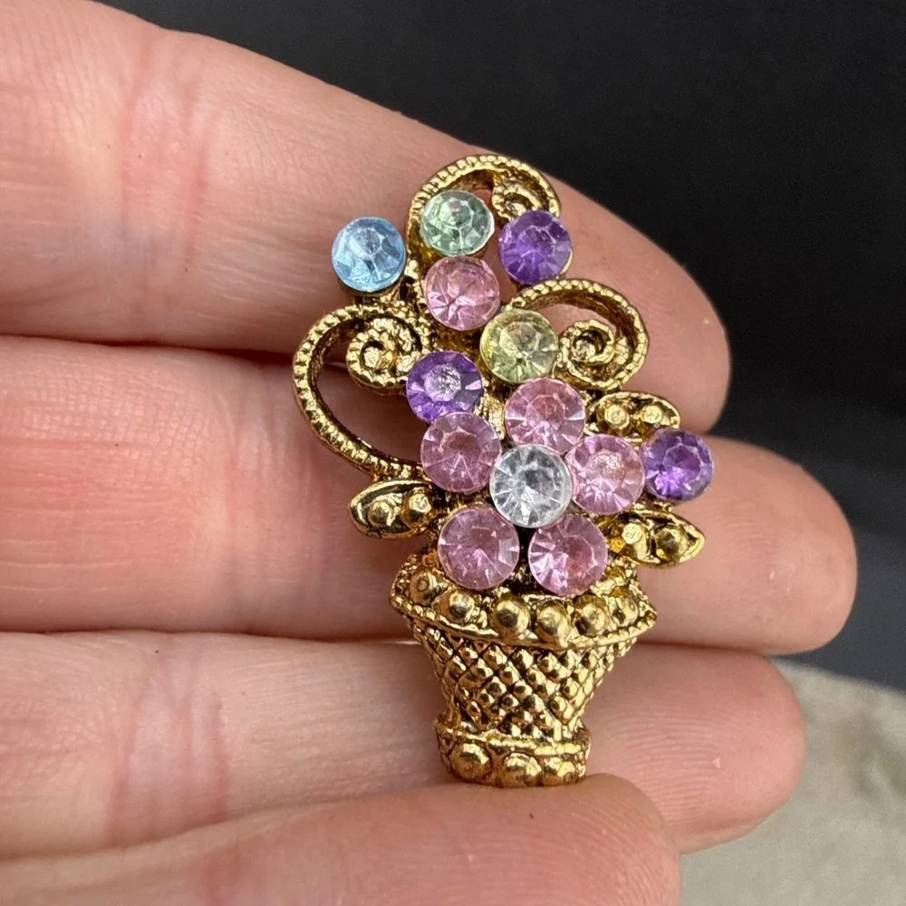 Vintage Rhinestone Brooch Flower Basket Fruit Salad Gold Tone Pastel